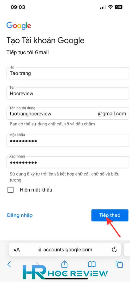 dien thong tin gmail tren safari