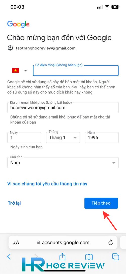 tiep tuc dien thong tin gmail tren safari