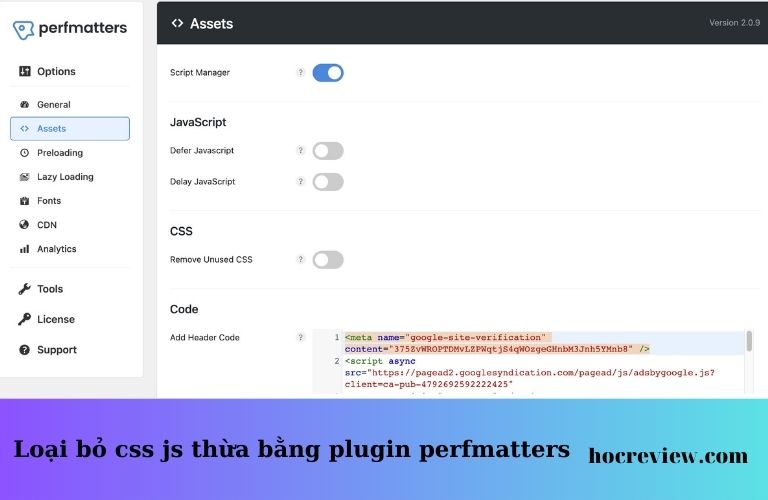 Loại bỏ css js thừa bằng plugin perfmatters